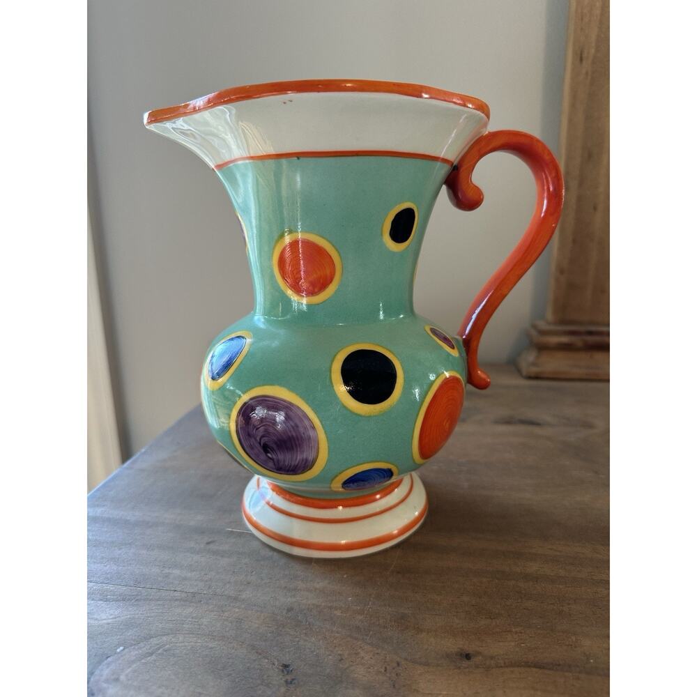 Vintage Czech Art Deco Handpainted Pottery Pitcher Polka Dot Green 8”T